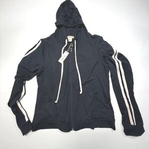 Begonia‎ Black Zip Up Hoodie Womens L Athletic Track Jacket Stripe Sleeves